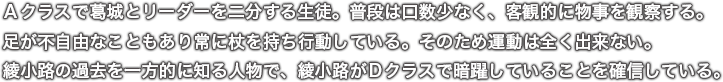 Ａクラスで葛城とリーダーを二分する生徒。普段は口数少なく、客観的に物事を観察する。足が不自由なこともあり常に杖を持ち行動している。そのため運動は全く出来ない。綾小路の過去を一方的に知る人物で、綾小路がＤクラスで暗躍していることを確信している。